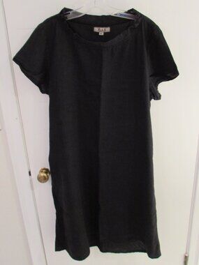 FLAX Black 100% Linen Midi Dress Pockets Notched Collar Medium